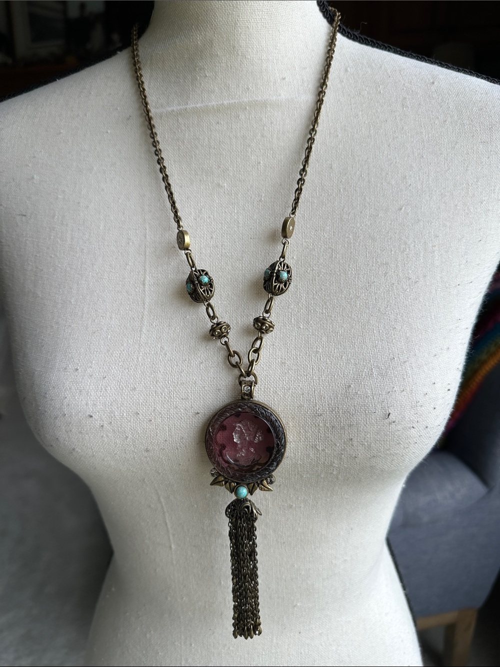 Sweet Romance Amethyst Glass Intaglio Tassel Necklace N1396 Vintage Revival